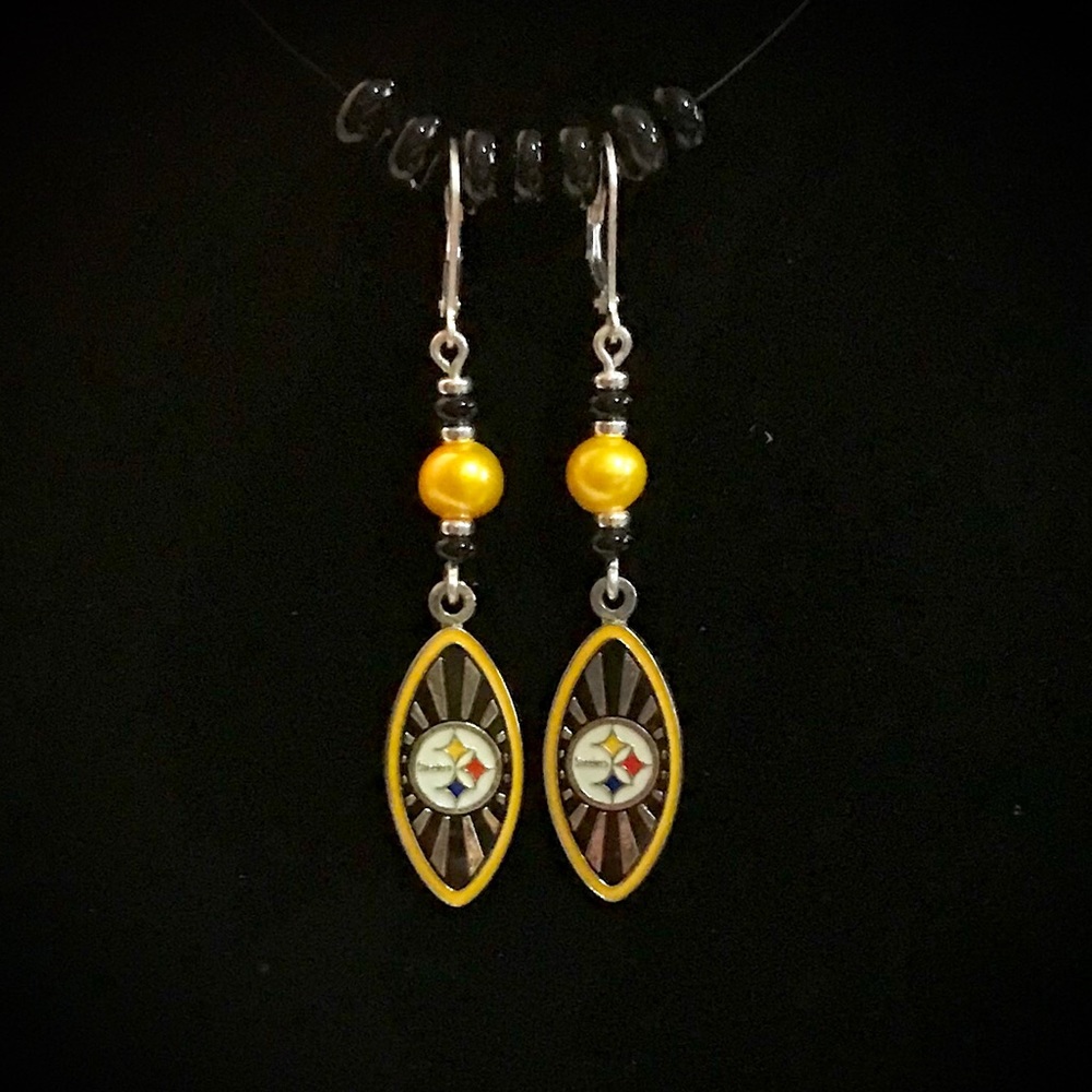 Steelers Earrings, Pearls, Onyx, Sterling Earrings